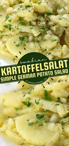 two white plates topped with potatoes covered in parmesan cheese and garnished with herbs