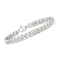 Ross-Simons - Italian 14kt White Gold Cuban-Link Bracelet. 7.25". Here's a classic bracelet from Italy. On it, stately Cuban links wrap the wrist in high-polished 14kt white gold. Add this bright beauty to your rotation for a look that endures. Lobster clasp, 14kt white gold Cuban-link bracelet. Classic Link Chain Tennis Bracelet, Classic Chain Tennis Bracelet, Classic Jubilee Chain Link Bracelet, Classic White Gold Cuban Link Sterling Silver Bracelet, Classic Sterling Silver Box Chain Bracelet, Classic Chain Link Bracelet With Lobster Clasp, Classic Curb Chain Bracelet, Classic Cuban Link Box Chain Bracelet For Formal Occasions, Classic Cuban Link Bracelet With Oval Links