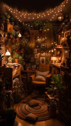 a room filled with lots of plants and lights