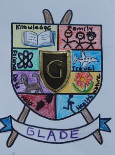 a drawing of a shield with the letter g in it and some symbols around it