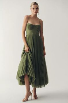 Hutch Amara Corset Pleated Tulle Fit & Flare Midi Dress | Anthropologie Sage Tulle Dress, Short Pleated Dress Formal, Louise New York Marie Dress, Colorful Cocktail Dresses, Wedding Guest Dress Large Bust, Spring Green Bridesmaid Dresses, Dark Purple Maxi Dress, Bold Bridesmaids Dresses, Outfit For Engagement Party Guest