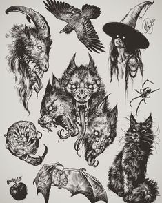 an ink drawing of various animals and witches