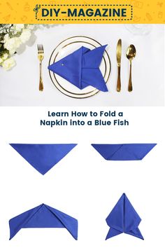 How to fold a napkin into a Fish How To Fold Square Napkins, Cloth Napkin Folding For Wedding, Pretty Napkin Folds, Table Napkin Folding Ideas, Tissue Folding Ideas, Seashell Napkin Fold, Boat Napkin Fold, Scuba Aesthetic, Fish Napkin Fold