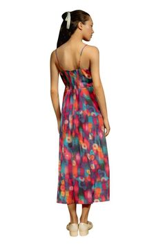 Multi-color midi dress featuring abstract print and smocking detailed back. - Aza Fashions Multicolor Maxi Sundress With Smocked Back, Multicolor Smocked Back Maxi Sundress, Multicolor Sundress With Smocked Back, Chic Multicolor Maxi Dress With Smocked Back, Multicolor Silk Dress With Spaghetti Straps, Multicolor Print Sleeveless Midi Sundress, Sleeveless Multicolor Sundress Midi Dress, Multicolor Sundress Midi Dress For Casual Wear, Multicolor Silk Sleeveless Midi Dress