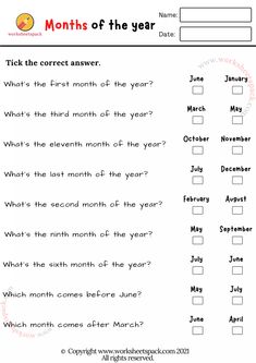 the worksheet for months of the year is shown in this printable version