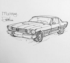 a drawing of a mustang car in black and white with the word mustang written on it