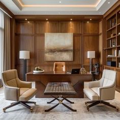 an office with two chairs and a desk in front of a bookcase filled with books