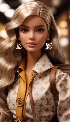 a barbie doll with long blonde hair and gold earrings on her head, wearing a louis vuitton purse