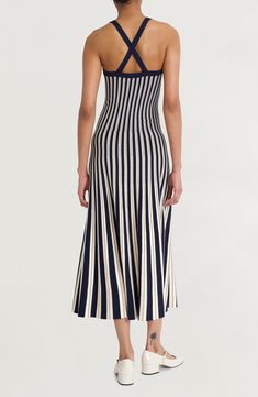 Stripes join with ribbing to create a kaleidoscopic effect that makes this the most mesmerizing midi in your closet. 45" length (size Medium) Slips on over head Square neck Unlined 72% viscose, 28% polyester Machine wash, dry flat Imported Chic A-line Ribbed Midi Dress, Fitted Striped Ribbed Midi Dress, Striped Ribbed Fitted Midi Dress, Striped Ribbed Mini Length Dresses, Casual Striped V-neck Midi Dress, Striped V-neck Summer Midi Dress, Striped Ribbed Midi-length Dress, Luxury Ribbed V-neck Midi Dress, Grey Midi Dress