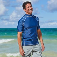 Lightweight, quick-drying and designed with mobility in mind, this Short Sleeve Active Sun & Swim Shirt is made to keep up with your active lifestyle. Running Shirt Design, Swim Shirt, Sun Shirt, Swim Shirts, Running Shirts, 4 Way Stretch Fabric, White Short, Stay Cool, Navy White