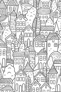 a black and white drawing of houses