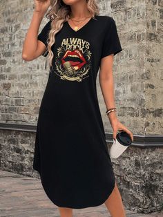 Women's Casual Simple Red Lip, Musical Instrument, "ALWAYS" Print V-Neck, Loose, Long Dress For Summer Black Casual  Short Sleeve Knitted Fabric Car,Colorblock,Figure,Letter Tee Slight Stretch  Women Clothing, size features are:Bust: ,Length: ,Sleeve Length: Casual Graphic Print T-shirt Dress, Black Graphic Print T-shirt Dress With Crew Neck, Black Crew Neck T-shirt Dress With Graphic Print, Graphic Print Short Sleeve T-shirt Dress, Black Cotton T-shirt Dress With Graphic Print, Cropped Leather Jacket, Summer Black, Women Midi, Womens Midi Dresses