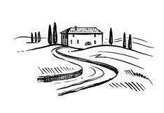 an ink drawing of a house on a hill with trees and hills in the background