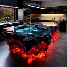 a large kitchen with an island made out of rocks and glowing lights on the floor