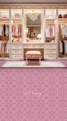 an image of a closet with pink carpet and chandelier