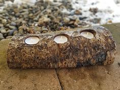 two candles are placed on top of a log