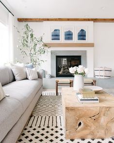 a living room filled with furniture and a fire place in the middle of a room