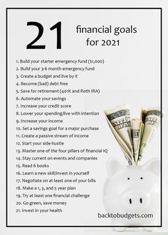 a piggy bank with money in it and the words 21 financial goals for 2011