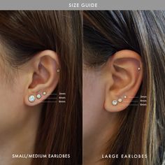 an ear is shown with the size guide for each ear and features different types of piercings