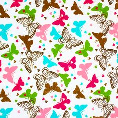 colorful butterflies on white background with brown, pink and blue hearts in the center for wallpaper