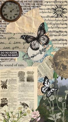 altered photograph of butterflies and flowers on old newspaper pages with words written in the background