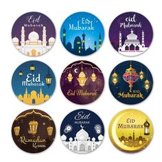 six different colored badges with arabic and english writing on the front, including one for eid mubarak