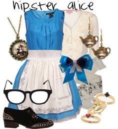 a woman wearing glasses, dress and necklaces with words that say hipster alice