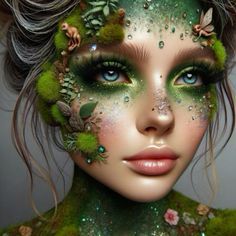 Green Wig Makeup, Flower Fantasy Makeup, Spring Fantasy Makeup, Moss Makeup Looks, Moss Fairy Makeup, Green Creative Makeup, Green Fantasy Makeup, Dryad Makeup