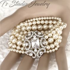 Pearl Cuff Bridal Bracelet with Crystal Rhinestone Focal Wedding Jewelry And Accessories, Bridal Cuff Bracelet, Bridal Jewlery, Pearl Wedding Jewelry, Bridal Cuff, Pearl Bracelet Wedding, Cultured Pearl Bracelet, Pearl Cuff, Pearl Bracelets