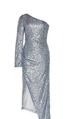 a silver dress with sequins on the shoulders and one shoulder, in front of a white background