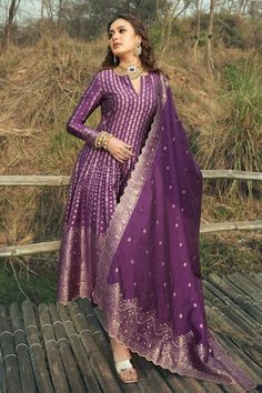 Purple vegan silk anarkali featuring floral woven pattern and notched neckline. Paired with a matching pant and dupatta., Fit: Relaxed Floral Weaving, Silk Anarkali, Women Kurta, Bridal Lehenga, Kurti Designs, Purple Floral, Set For Women, Anarkali, Saree Blouse