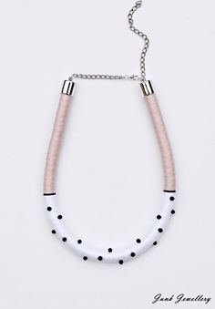 ** RASPBERRY RICOTTA ** ICE-CREAM POLKA DOT COLLECTION ** SS2018 A beautiful handmade necklace. The colour is a combination of white and pink with black plastic beads. It's around 40 cm in length. It's light and flexible and the length is easily adjusted with a chain. It's perfect for spring and summer and it's suitable for every style and occasion. If you like the design, but not the colours, that could be changed providing the desired colour is in stock. It comes nicely packed in a pillow box, Rope Jewelry Diy, White Necklaces For Jewelry Making In Spring, Cute White Necklaces For Spring, White Round Necklaces For Summer, Handmade White Necklaces For Spring, Rope Earrings, Homemade Necklaces, 14k Rose Gold Wedding Ring, Yarn Bracelets