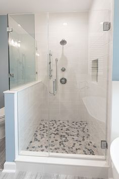 a walk in shower sitting next to a toilet