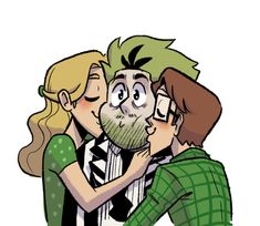 two people are hugging each other while one is wearing a green shirt and black and white checkered shirt