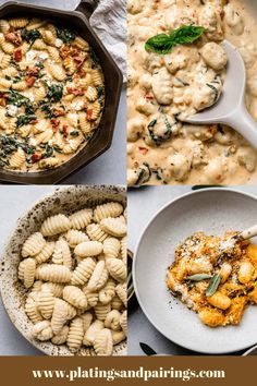 four different pictures of pasta and sauces in pans, with text overlay