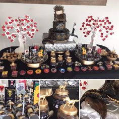 a table topped with lots of cakes and desserts