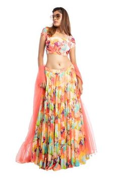 Shop for Seams Pret And Couture Multi Color Georgette Petal Print Lehenga Set for Women Online at Aza Fashions Tiered Lehenga, Sheer Dupatta, Print Lehenga, U Neck, Set For Women, Aza Fashion, Printed Blouse, Sleeve Type, Tie Dye Skirt