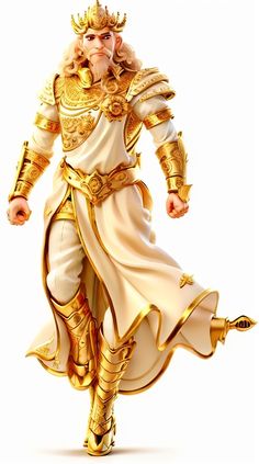 an image of a man dressed in gold and white clothing with his arms out to the side