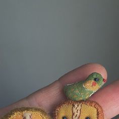 two small birds sitting on top of each other in the palm of someone's hand