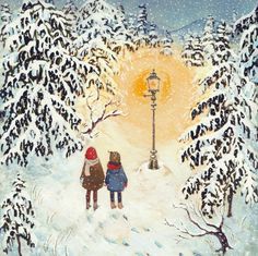 two children are standing in the snow by a street light