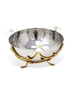 Stainless Steel Bowl with Elegant Jewel Flower Design - Dimension, 7D x 5H inches. Fireplace Candle Holder, Home Interior Accessories, Bowl Sets, Candles In Fireplace, Large Candle Holders, Beautiful Flower Designs, Silver Bowl, Jasmine Flower, Stainless Steel Bowl