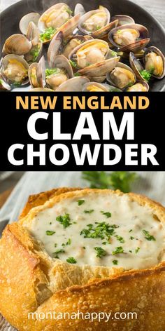 new england clam chowder recipe with text overlay