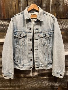 "Light wash distressed Levi's jean jacket. Fits small best but please refer to measurements! 19\" pit to pit x 23\" length. Final sale. Please ask all questions before purchasing!" Cheap Levi's Light Wash Outerwear, Levi's Light Wash Denim Jacket, Jean Jacket Fits, Vintage Levis Jacket, Vintage Harley Davidson Shirt, Levis Jean Jacket, Levis Vintage, Jacket Fits, Levis Jacket