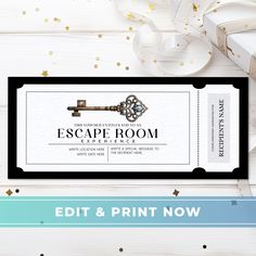 the escape room ticket is shown with confetti and streamers in front of it