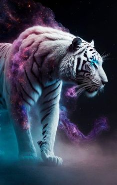 a white tiger with blue eyes walking through space