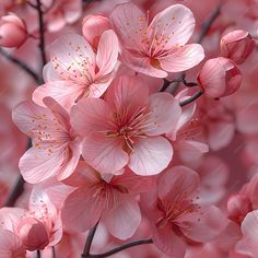 pink flowers blooming on the branches of trees in full bloom, close up view