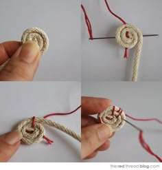 two pictures showing how to tie a knot together with yarn and twine, the first photo is being used as an ornament