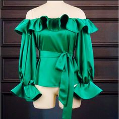 Off Your Shoulder Blouse Chic Green Off-shoulder Blouse, Green Evening Tops For Spring, Fitted Green Blouse For Date Night, Green Top For Date Night In Fall, Off-shoulder Blouse For Date Night In Spring, Elegant Green Blouse For Date Night, Blouses, Womens Tops, Green