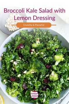 A large bowl of kale and broccoli salad. Broccoli Kale Salad, Kale Salad With Lemon Dressing, Lemon Parmesan Dressing, Salad With Lemon Dressing, Autumn Salad Recipes, Holiday Salads, Aioli Recipe, Salad With Lemon, Kale Salad Recipes