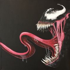 a painting of an alien creature with its mouth open and tongue out, on a black background